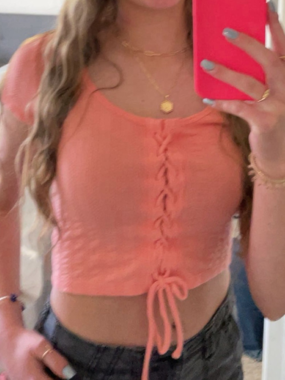 SO Coral Lace-Up Short Sleeve Rib Knit Top